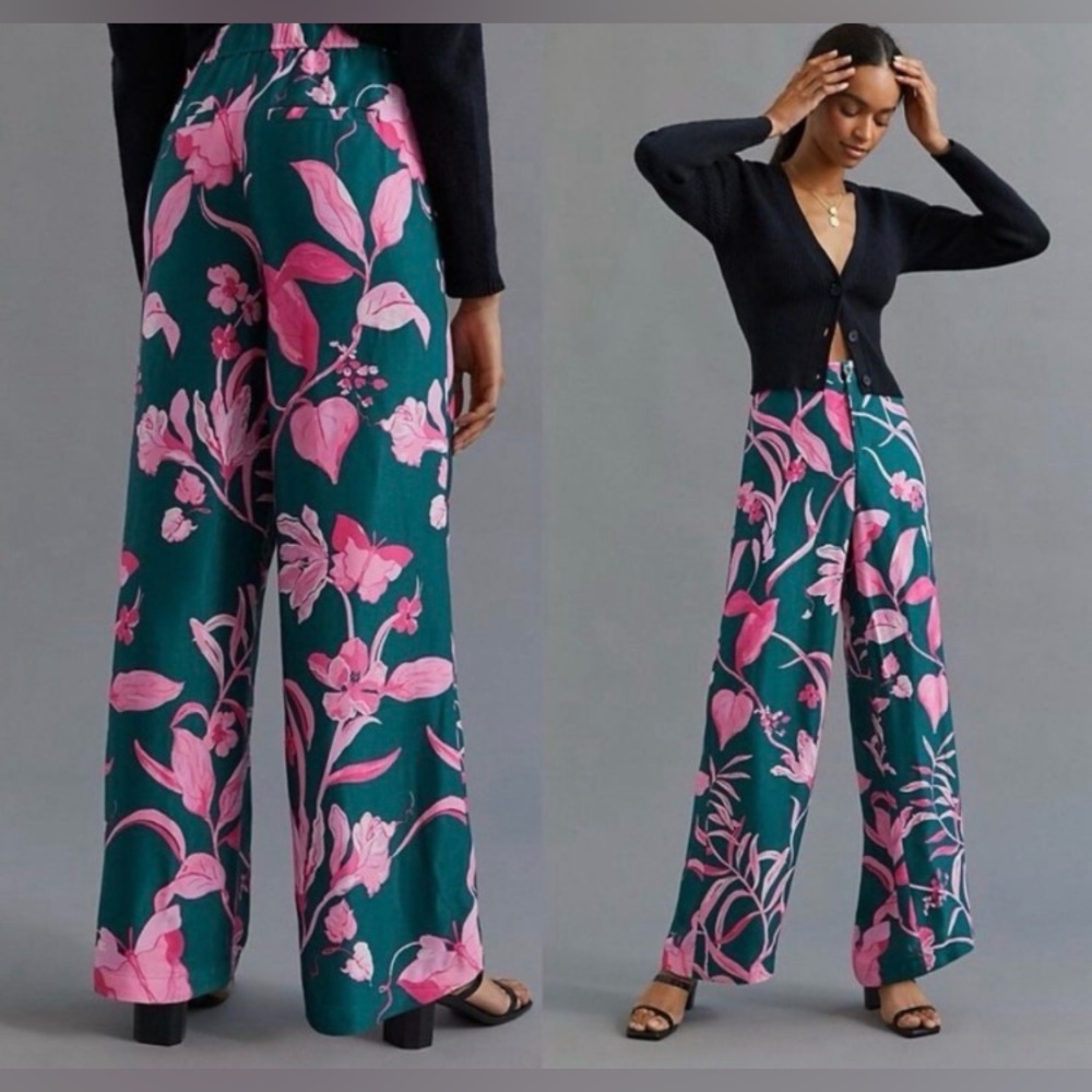 Anthropologie Breezy Tropical Floral Printed Wide Leg Straight Pants (14.5”)